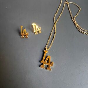 Gold LA Pendant Necklace and Earrings Set